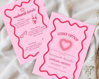 Paquete de invitaciones e itinerarios para despedidas de soltera de Casa Amor / Despedida de soltera con corazones de neón (descarga digital)