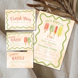 Elle est prête à éclater, lot d'invitations pour baby shower | Thème Popsicle d'été | Modèle modifiable | Tirage au sort de couches, demande de livre, merci