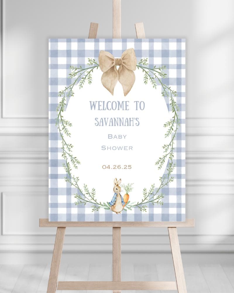 Rabbit Baby Shower, Woodland Baby Shower Welcome Sign Template, Gender Neutral, Blue Checkered Printable Sign,  DIGITAL DOWNLOAD