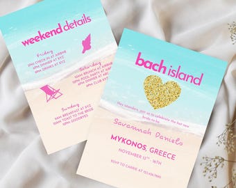 Plantilla de invitación e itinerario para despedida de soltera en la Isla de Bach: Fin de semana de despedida de soltera tropical (descarga digital)