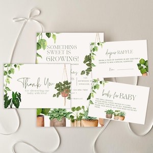Ensemble baby shower de plantes vertes bohèmes | Thème imprimable baby shower pour les amoureux des plantes | Livres pour bébé, carte de remerciement, tombola de couches