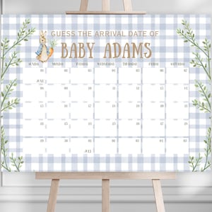 Peter Rabbit Baby Shower Due Date Game, Blue Checkered Calendar (Digital Template)