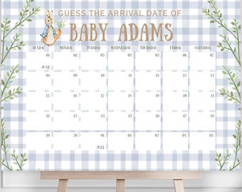 Peter Rabbit Baby Shower Due Date Game, Blue Checkered Calendar (Digital Template)