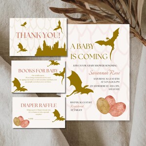 Gender Neutral Baby kommt bearbeitbares Bundle, Babypartyeinladung, fliegende Drachen, Dracheneier, Rot und Gold
