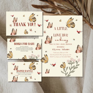 Bundle shower de bébé papillon Little Love, invitation imprimable baby shower coccinelle et bourdon, livres pour bébé, carte de tombola de couches