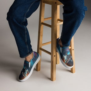 Men’s Cowboy Riding Shark in Outer Space slip-on canvas shoes