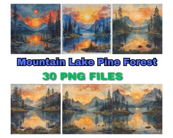 Lot de 30 impressions de lac de montagne, paysage abstrait, impressions d'art nature, art mural minimaliste moderne, art numérique forêt de pins