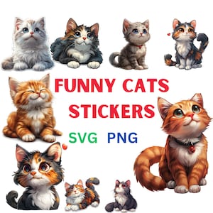 stickers Cute Cat Clipart Bundle , clip art Set of 90 High Quality PNG, Cartoon Cat PNG & SVG, Instant Download, Commercial use
