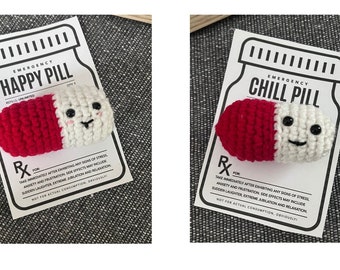 Happy Pill Crochet - Chill Pill Crochet - Crochet Pocket Plush - Plush Pocket - Keychain Buddies - Stress Relief - Gifts Under 10 -
