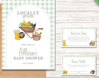 Locally Grown Baby Shower Invitation Bundle, Farmer's Market Gender Neutral Shower Set, Home Grown Baby Shower Cards, Editable Template 0116