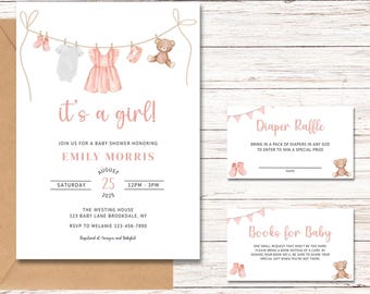 Girl Baby Shower Invitation Bundle, It's a Girl Baby Clothes Invite, Pink Boho Invitation Set, Editable Template, Printable or Digital 0096