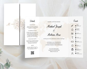 May include: Elegant wedding invitation suite with a compass rose design. The invitation features the names Michael Joseph and Rebecca Rose, along with event details and a world map graphic. The color scheme is neutral with a touch of gold.