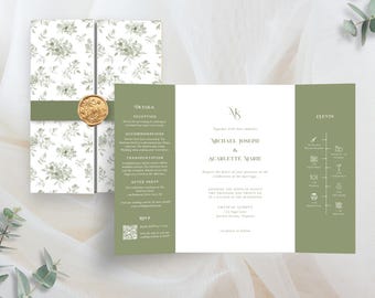 Sage Green Wedding Invitation- Gate Fold Garden Wedding Card, Formal Trifold Wedding Invite, Editable Template, Printable Invitation 0086