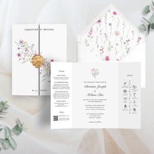 Floral Trifold Hochzeitseinladung - Tor Falten Garten Hochzeitskarte, Wildblumen Hochzeit einladen, bearbeitbare Vorlage, druckbare Einladung 0090