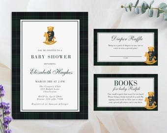 Polo teddybeer babyshower uitnodigingssuite, preppy klassiek hobbelpaard babyshowerset, geruite tartan uitnodiging, bewerkbare sjabloon 0153