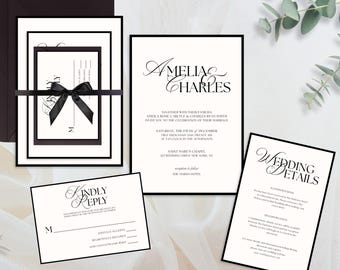 May include: Elegant wedding invitation suite featuring a black and white color scheme. The suite includes an invitation, RSVP card, and details card. The invitation is adorned with a black ribbon and the names "Amelia Charles" in a stylish font.
