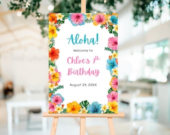 Tropical Aloha Welcome Sign, Summer Luau Sign, Aloha Hawaiian Party Welcome, Hibiscus Printable Sign, Editable Template 0098