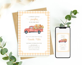 A Little Pumpkin Is On The Way Baby Shower Invitation, Fall Farm Baby Shower Invite, Gender Neutral Pumpkin Evite or Printable Template 0118