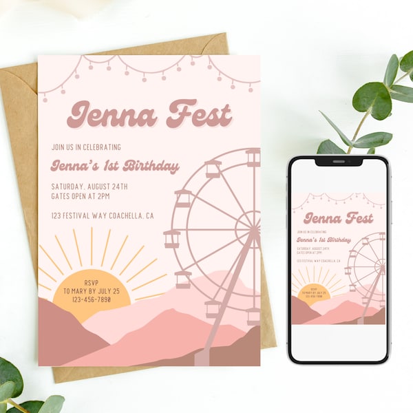 Boho Festival Themed Invitation- Bach Fest, Kidchella, Festival Theme, Editable Invitation Template, Printable or Digital Download T0038