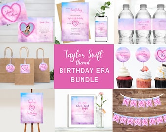 May include: A pink and blue watercolor themed birthday party printable bundle featuring a variety of items, including a welcome sign, cupcake toppers, water bottle labels, favor bags, and a banner. The text "Taylor Swift themed Birthday Era Bundle" is displayed in the center of the image.