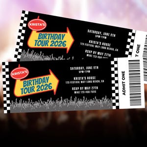 May include: Two black and white event tickets with the text "Birthday Tour 2026". The tickets have a red and yellow arrow design and include event details such as date, time, and location.