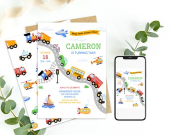 Vehicles Birthday Invitation, Transportation Boy Bday Invite, Planes Trains Cars Card, Printable or Digital Evite, Editable Template 0136