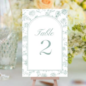Sage Green Floral Table Number Card, French Toile Wedding Table Number, Printable DIY Place Card, Editable Template, Instant Download 0114