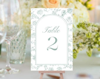 Sage Green Floral Table Number Card, French Toile Wedding Table Number, Printable DIY Place Card, Editable Template, Instant Download 0114