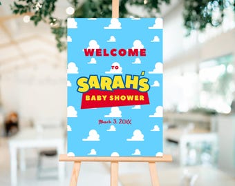 トイストーリーテーマのウェルカムサイン、ボーイストーリーのベビーシャワーサイン、お子様の誕生日サイン、アンディの部屋パーティーサイン、編集可能なテンプレート、印刷可能な0034