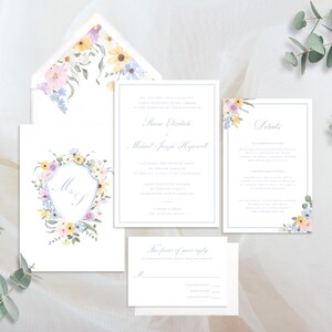 Floral Monogram Wedding Invitation Suite, Watercolor Floral Crest Invitation Set, Dusty Blue Invitation, Printable Editable Template 0110