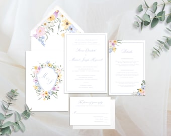 Floral Monogram Wedding Invitation Suite, Watercolor Floral Crest Invitation Set, Dusty Blue Invitation, Printable Editable Template 0110