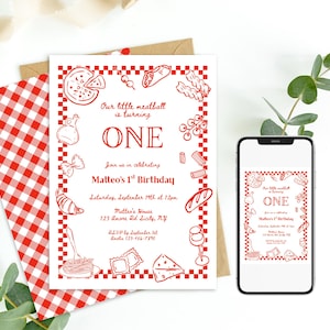 May include: A birthday invitation with a red and white checkered border and food illustrations. The text reads "Our little meatball is turning ONE" and includes party details. A smartphone displays the same design.