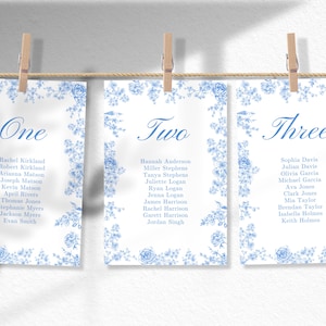 Könnte beinhalten: Drei weiße Karten mit blauen floralen Rändern und blauem Text. Die Karten sind mit eins, zwei und drei nummeriert. Jede Karte listet eine Gruppe von Namen auf.