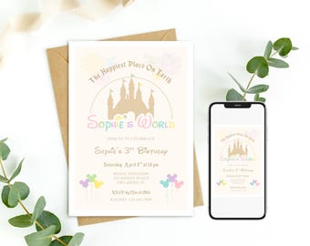 Invitación de cumpleaños con temática de Disney, invitación de cumpleaños de Disneyland, el cumpleaños más feliz del mundo (Evita), Mickey Mouse, plantilla editable 0128