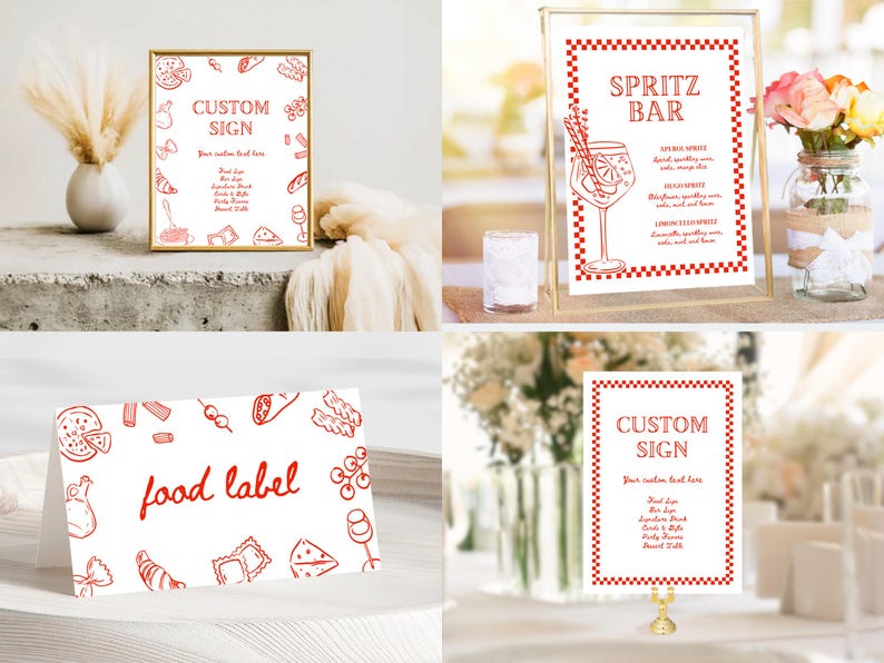 May include: A collection of red and white custom signs and food labels. The signs feature text and illustrations of food items and drinks. One sign reads "Spritz Bar" with a drawing of a cocktail. The signs are displayed in gold frames and on white surfaces.