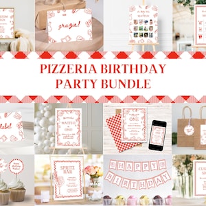 May include: A collection of red and white themed party decorations with a pizzeria theme. Includes signs, cupcake toppers, gift bags, and a banner that says "Happy Birthday". The text "Pizzeria Birthday Party Bundle" is displayed.