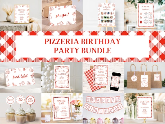 Little Meatball Birthday Party Printable Decor Set, Retro Pizzeria Party Bundle, Italian 1st Bday Invitation Pack, Editable Templates 0124