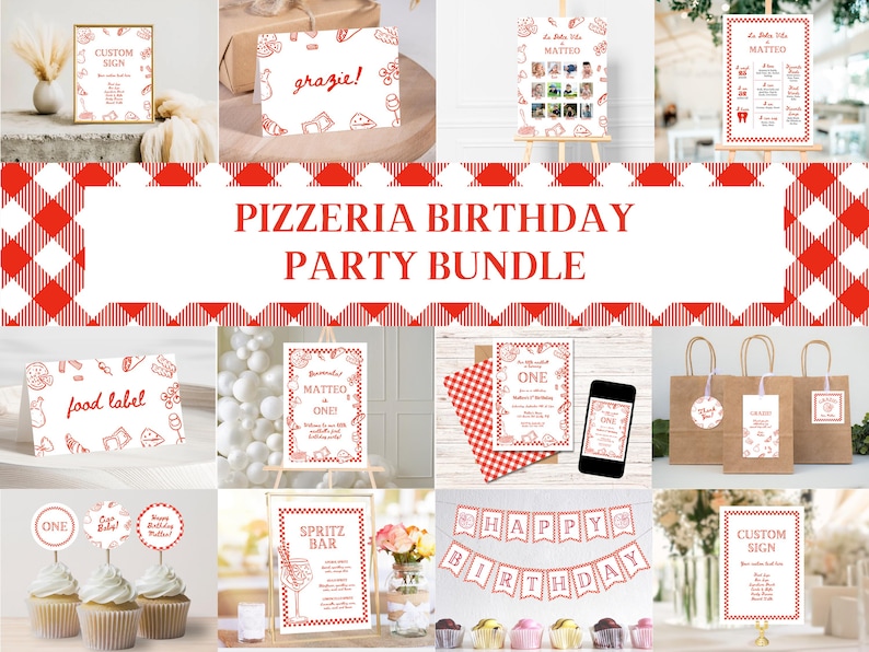 May include: A collection of red and white themed party decorations with a pizzeria theme. Includes signs, cupcake toppers, gift bags, and a banner that says "Happy Birthday". The text "Pizzeria Birthday Party Bundle" is displayed.