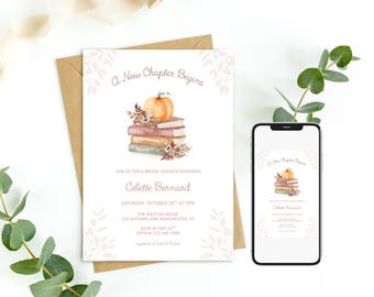 Ein neues Kapitel beginnt Brautparty Einladung, Herbst Buch Einladung, Herbst Lesung Baby Shower Digitales Evite oder druckbare Vorlage 0141
