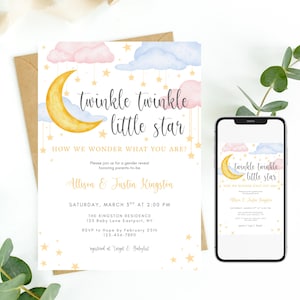 Gender Reveal Invitation, Twinkle Twinkle Little Star Gender Reveal Party Invite, Moon and Star Evite, Printable Editable Template 0109
