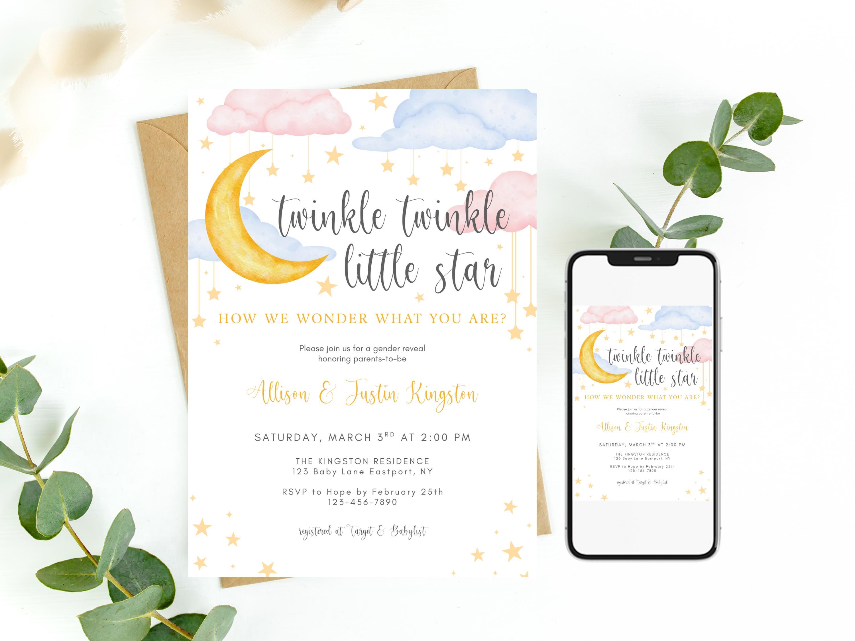 Gender Reveal Invitation, Twinkle Twinkle Little Star Gender Reveal Party Invite, Moon and Star Evite, Printable Editable Template 0109