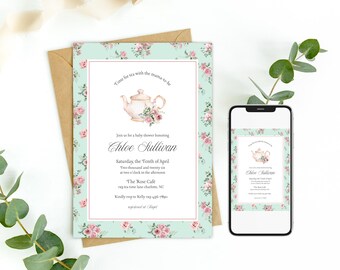 Garden Tea Party Baby Shower Invitation, Vintage Floral Brunch Invitation, Romantic French Invite, Digital Evite or Printable Template 0104