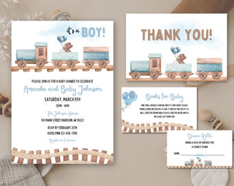Teddy Bear Train Baby Shower Invitation, Choo Choo Baby Shower Invite, It's a Boy Shower Evite, Printable or Digital Editable Template 0001