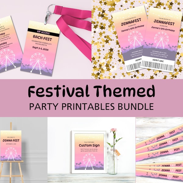 Festival Party Printable Bundle, Music Fest Ticket, Wristband, Welcome Sign, Kidchella, Bach Fest, Editable Templates Instant Download T0027