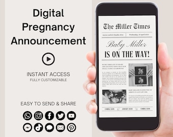 Newspaper Pregnancy Announcement Editable Video, Digital Card, Baby Reveal, We're Expecting, Text Email Social Media, Instant Download V0002