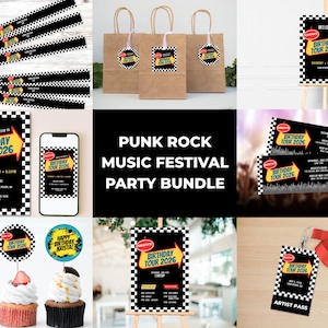 May include: A party bundle with a punk rock music festival theme. Includes invitations, tickets, gift bags, cupcake toppers, and an artist pass. The design features a black and white checkered pattern with yellow and red accents, and the text "Birthday Tour 2026".