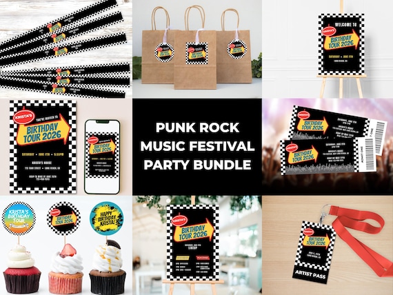 Punk Rock Music Festival Party Bundle, Emo Tour Birthday Decor, Warped Band Ticket, Wristband, Welcome Sign, Printable Templates 0105