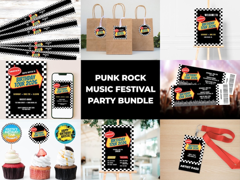 May include: A party bundle with a punk rock music festival theme. Includes invitations, tickets, gift bags, cupcake toppers, and an artist pass. The design features a black and white checkered pattern with yellow and red accents, and the text "Birthday Tour 2026".