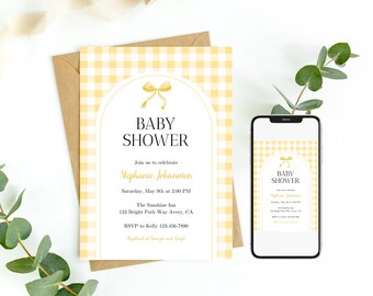 Yellow Bow Gingham Baby Shower Invitation, Yellow Ribbon Editable Template Printable or Digital Invitation, Instant Download 0063