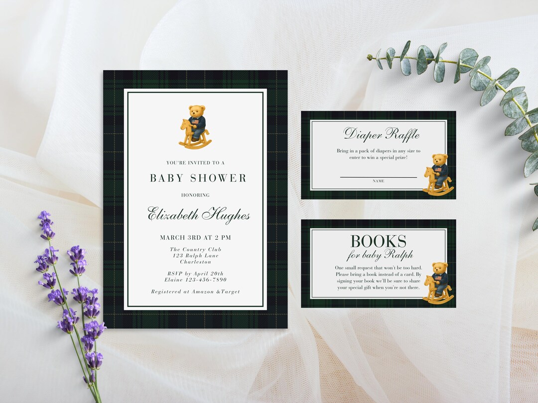 Polo Teddy Bear Baby Shower Invitation Suite, Preppy Classic Rocking ...